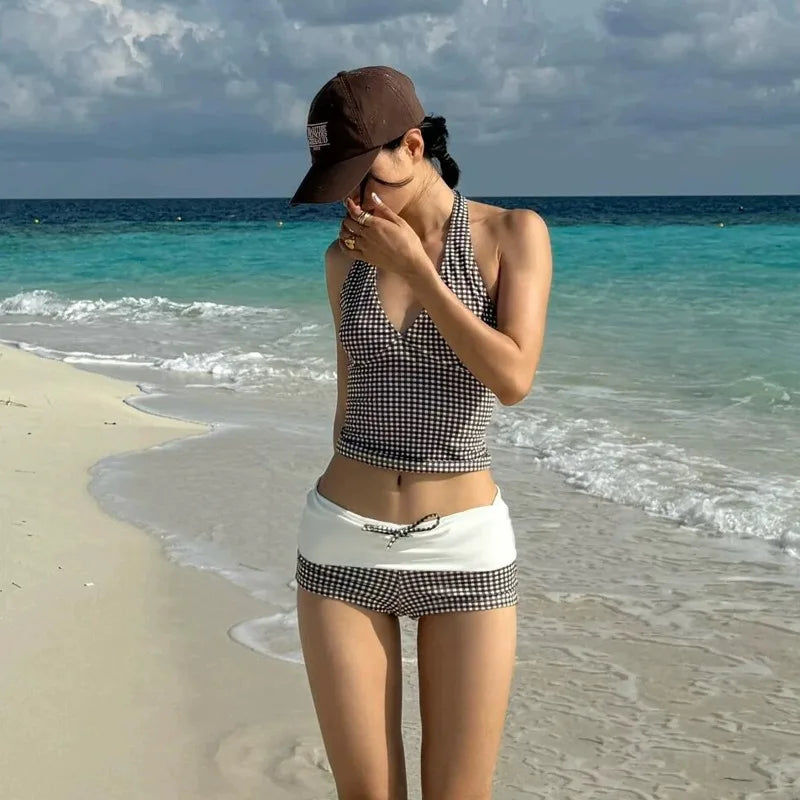 Women's 2 Piece Tankini Set Brown White Gingham Halter V Neck Top With Contrast Waist Tie Shorts Summer Beach Bathing Swimwear